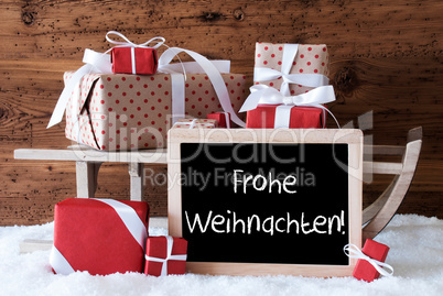 Sleigh With Gifts On Snow, Frohe Weihnachten Means Merry Christm