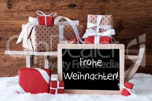 Sleigh With Gifts On Snow, Frohe Weihnachten Means Merry Christm