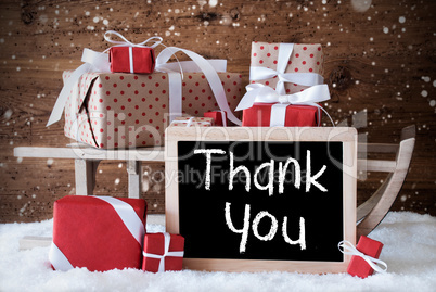 Sleigh With Gifts, Snow, Snowflakes, Text Thank You