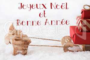 Reindeer With Sled On Snow, Bonne Annee Means New Year
