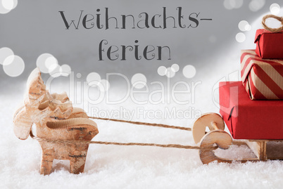 Reindeer With Sled, Silver Background, Weihnachtsferien Means Christmas Break