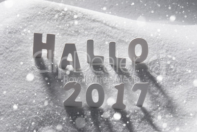 Text Hallo 2017 Means Hello, White Letters In Snow, Snowflakes