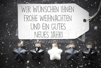 Black Christmas Balls, Snowflakes, Gutes Neues Means Happy New Year