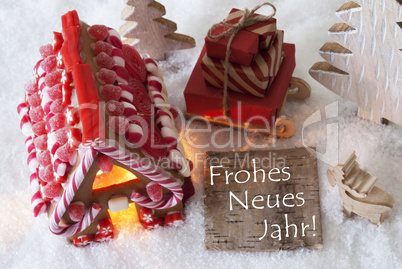 Gingerbread House, Sled, Snow, Frohes Neues Means Happy New Year