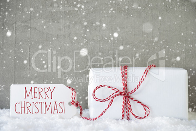 Gift, Cement Background With Snowflakes, Text Merry Christmas