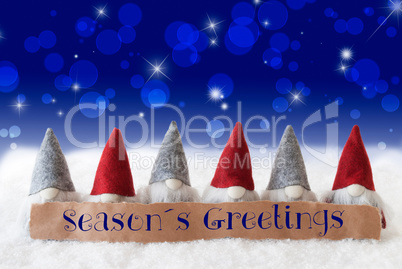 Gnomes, Blue Background, Bokeh, Stars, Text Seasons Greetings