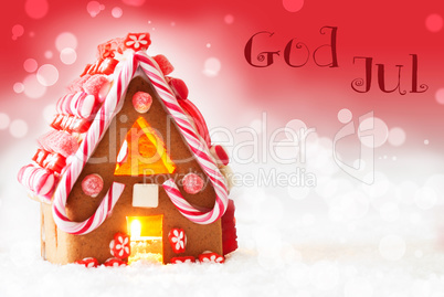 Gingerbread House, Red Background, God Jul Means Merry Christmas