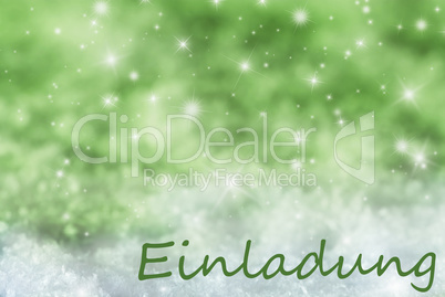 Green Sparkling Christmas Background, Snow, Einladung Means Invitation