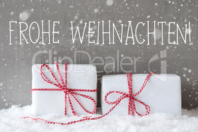 Two Gifts With Snowflakes, Frohe Weihnachten Means Merry Christmas