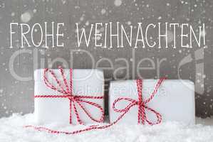 Two Gifts With Snowflakes, Frohe Weihnachten Means Merry Christmas