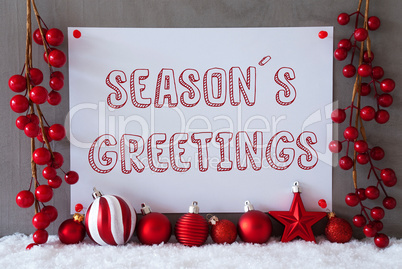 Label, Snow, Christmas Balls, Text Seasons Greetings