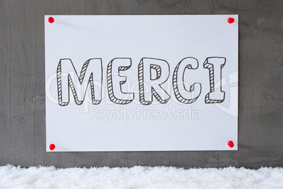 Label On Cement Wall, Snow, Merci Means Thank You