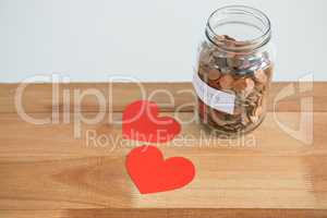 Close-up of coins in bottle and heart