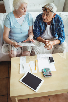 Senior couple interacting while checking the bills