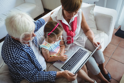 Grandparents and granddaughter using laptop in living room