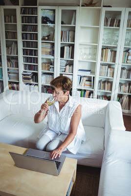 Senior woman having a glass of wine while using laptop