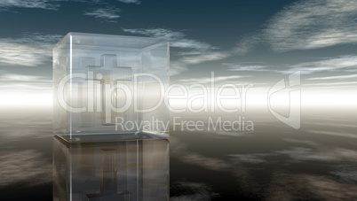 christian cross in glass cube under cloudy sky - 3d rendering