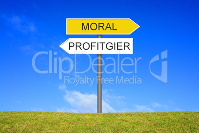Schild zeigt in Richtung Moral oder Profitgier