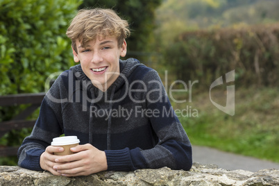 Happy Boy Male Child Teenager Drinking Coffee