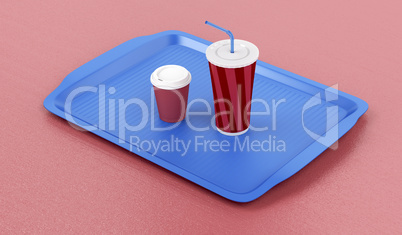 Plastic tray with coffee and soft drink