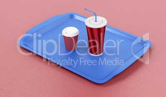 Plastic tray with coffee and soft drink