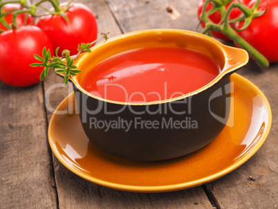 Delicious gazpacho in a rustic bowl