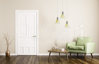 Modern living room interior with door and armchair 3d rendering