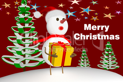 Snowman with santa hat carrying package