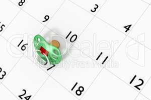 Baby pacifier lies on the scheduler, 3d illustration