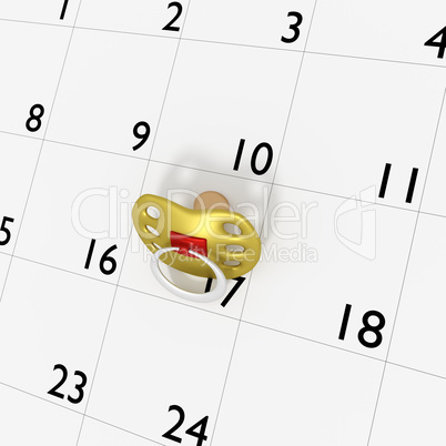 Baby pacifier lies on the scheduler, 3d illustration