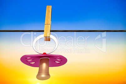 Baby pacifier hanging on the clothesline, 3d illustration