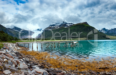 Glacier on the viewing platform. Svartisen Glacier in Norway.