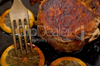 pork chop seared on iron skillet