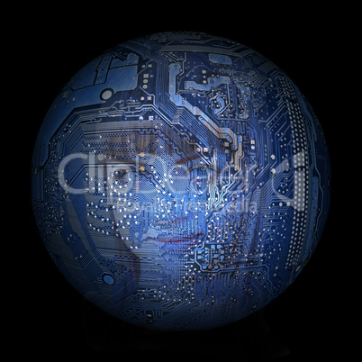 woman's face on the background of electronic digital planet