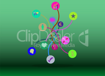 Technology network. Connected symbols for digital, connect, communicate, social media and global concepts. Background with lines, circles, integrate flat icons