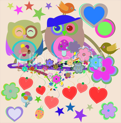 Two cute owls and bird on the flower tree branch