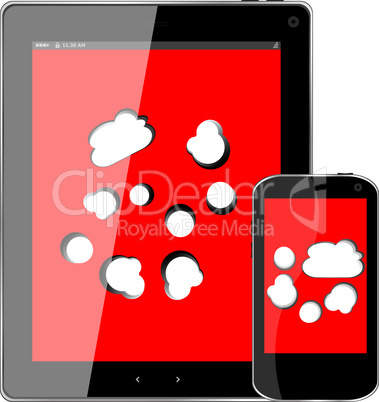 Blank mobile smart phone and digital tablet pc with cloud on the screen