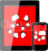 Blank mobile smart phone and digital tablet pc with cloud on the screen