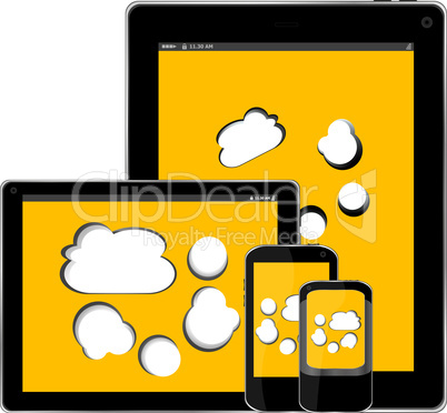 mobile smart phone and digital tablet pc with cloud on the screen