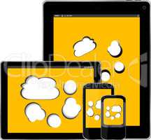 mobile smart phone and digital tablet pc with cloud on the screen
