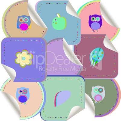 Set of doodle owls for funny decoration, such a logo. stickers set