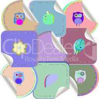 Set of doodle owls for funny decoration, such a logo. stickers set