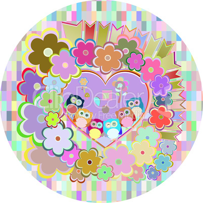 Background with owls family in flowers and love hearts