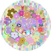Background with owls family in flowers and love hearts