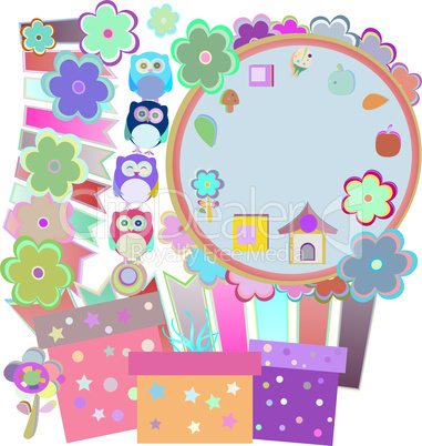 Background with owl, flowers, birds and gift boxes,