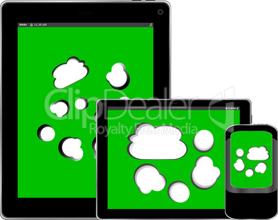 Blank mobile smart phone and digital tablet pc with cloud on the screen