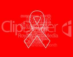Realistic pink ribbon, breast cancer awareness symbol, on red background.