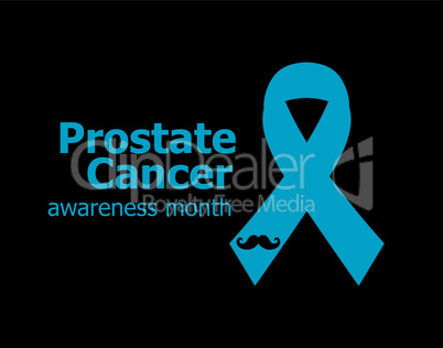 Prostate cancer ribbon awareness on black background. Light blue ribbon with mustache. Graves Disease