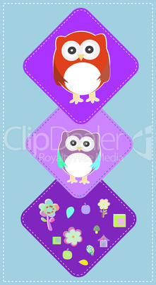 cute owls couple with baby owl, owl family, baby card