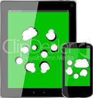 Blank mobile smart phone and digital tablet pc with cloud on the screen